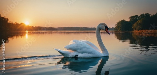 a swan is swimming in the water at sunset or sunrise or sunset on a lake with trees in the background.