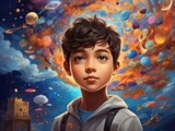 Whimsical Dreams: AI-Generated Portrait Featuring a Boy's Face with Imaginative Eyes, Celebrating the Magic and Playfulness of Childhood