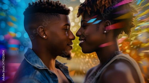 Black couple smiling at each other in party abstract cinematic background