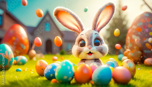 A cute and cheerful Easter bunny sits on a green lawn surrounded by Easter eggs and sweets