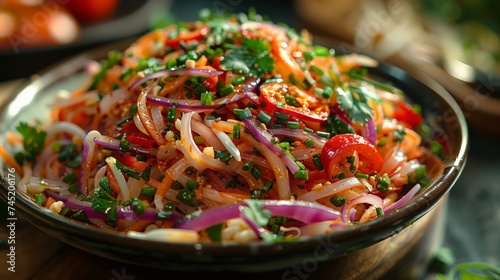 a Thai Som Tam (Papaya Salad), bright colors and fresh ingredients, authentic street food style