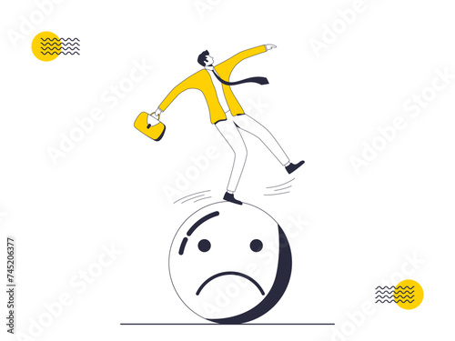 Businessman fall on a sad emoticon. Vector illustration in flat style