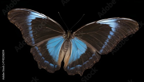 Blue and black morpho butterfly with open wings isolated on black