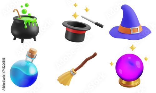 Magic, 3d icon set. Magic objects. Halloween. Vat Potion, magician's hat with a magic stick, magician's magic cap, magic potion in flask, broomstick, magic orb. 3D object on a transparent background