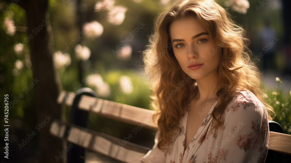 Portrait of a beautiful young woman with long hair on a bench in a park Portrait of a beautiful young woman with long hair on a bench in a park