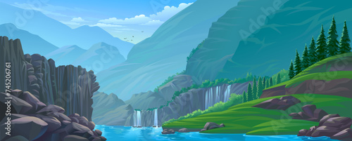 A scenic view of Serene Waterfalls, Pristine Pools, Towering Cliffs, Verdant Trees, and Majestic Mountains.