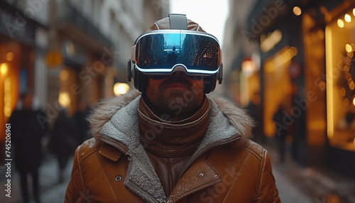A man in VR glasses on a city street. © Nadtochiy