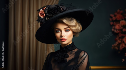 Portrait of an aristocratic woman in an elegant broad-brimmed hat and luxurious dress. Beauty, fashion. Generative AI