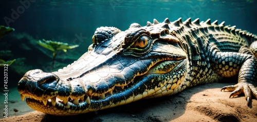 a close up of an alligator laying on a rock in a body of water with a plant in the background.