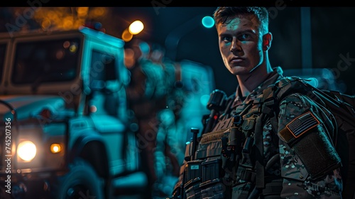 Military man on duty nighttime portrait. soldier in uniform during operation. cinematic style, heroic stance. army mission theme. AI