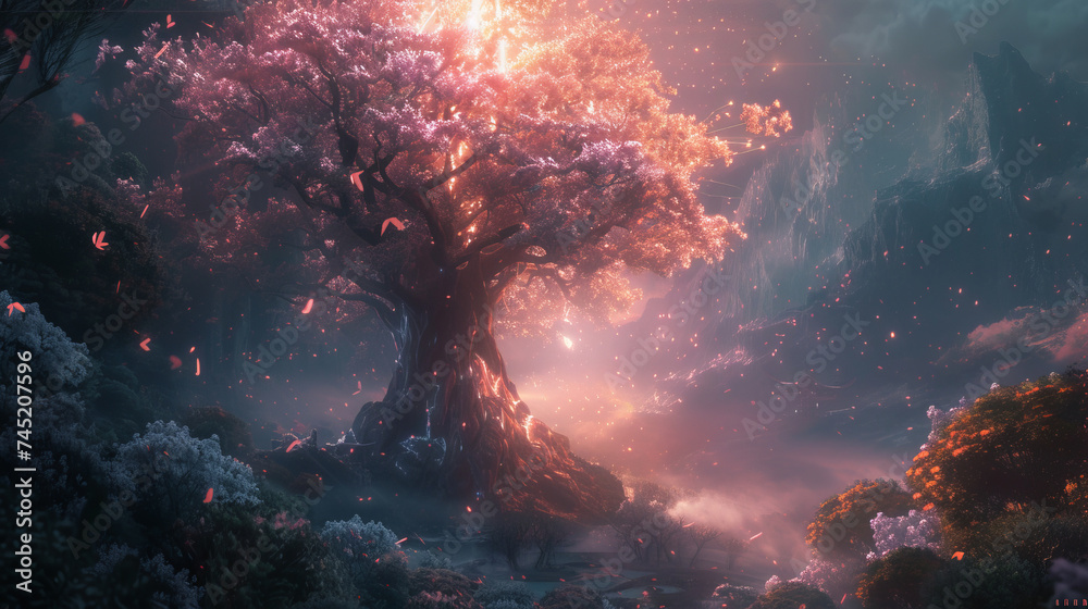 An artistic rendering of a tall, glowing tree, evoking the mysterious and fantastical essence of Elden Ring, surrounded by otherworldly flora Created Using artistic rendering, AI Generative