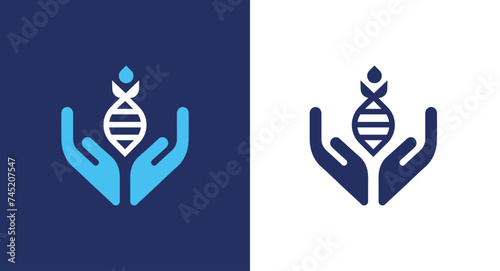 A logo that unites a sprout, DNA and hands. Caring hands hold DNA, which creates new life in the form of a bud or sprout.  Logo template vector. Logo for a health advocacy organization. Logo for a res photo