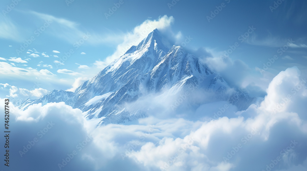 An ultra-realistic depiction of a majestic snowy peak piercing through thick clouds, set against a striking deep blue sky Focus is on the play of light and shadow on the snow's, AI Generative