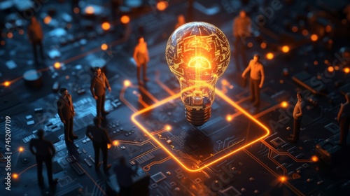 An isometric business illustration capturing small characters collaborating on creative ideas, with a prominent, isometric light bulb as the central metaphor for enlightenment, AI Generative