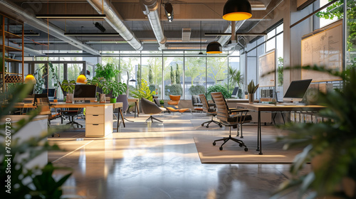 An open-plan office space filled with natural light, showcasing teams working together The design reflects a collaborative spirit and a professional, yet comfortable, workplace, AI Generative photo