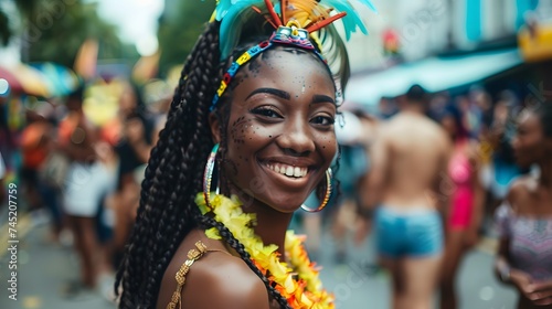 Young woman dances with joy at Carnival, in a vibrant costume parade