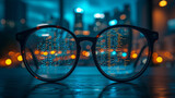 Binary digits and programming reflected on glasses on a dimly lit desk, intellectual, creative, late night, desktop, lamp light, code, Fujifilm GFX 100, f2 lens, medium shot, AI Generative