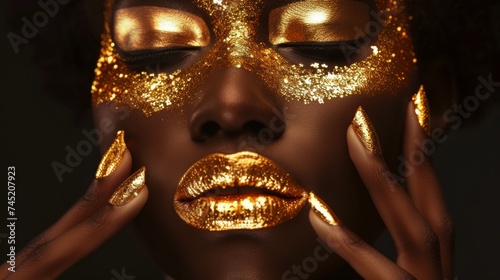 Beauty girl with black skin color, body art, golden make-up, lips, eyelids, fingertips, nails painted in golden color on black background, AI Generative