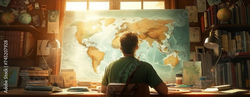 Journey Begins at Home - A Man's Thoughtful Contemplation and Excitement as He Studies a World Map, Planning His Next Adventure Amidst a Cozy Study Room