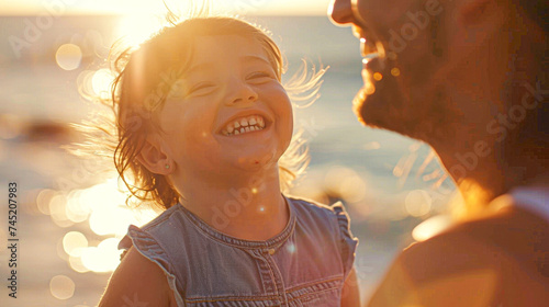 Heartwarming moment of a father and daughter sharing a laugh during sunset, showcasing familial love and joy.