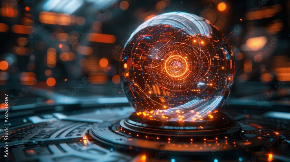 Bright sphere lens effect, magic neon ball with rotating glow lines, LED swirls create a mesmerizing spiral, a HUD inspired vision, AI Generative Bright sphere lens effect, magic neon ball with rotating glow lines, LED swirls create a mesmerizing spiral, a HUD inspired vision, AI Generative