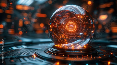 Bright sphere lens effect, magic neon ball with rotating glow lines, LED swirls create a mesmerizing spiral, a HUD inspired vision, AI Generative © sorapop