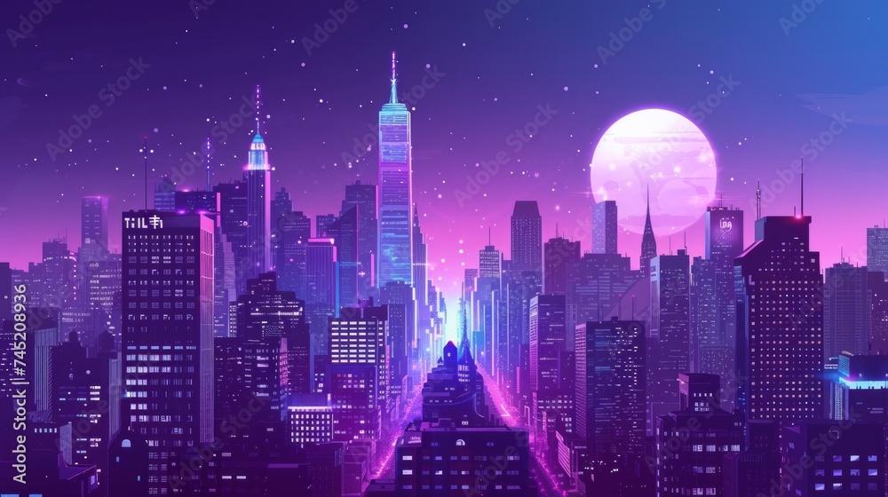 Craft an illustration of a downtown cityscape at twilight, where the sky and urban lights merge into a harmonious purple hue. Employ a comic halftone design for a retro touch, AI Generative