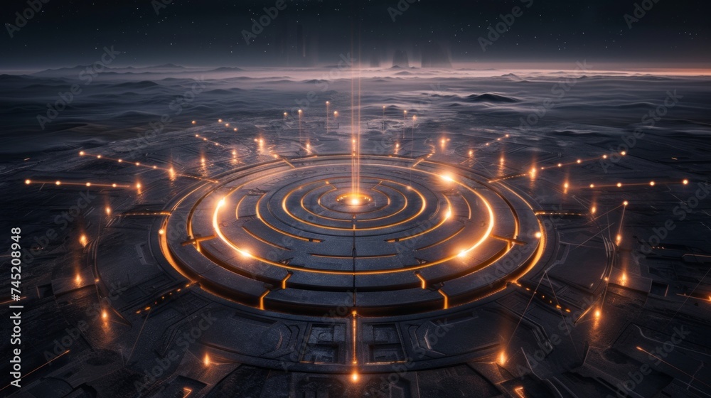 Fototapeta premium Create a 3D rendering of a futuristic target symbol, illuminated by glowing arrows striking its center, set against the backdrop of a dark, expansive space, AI Generative