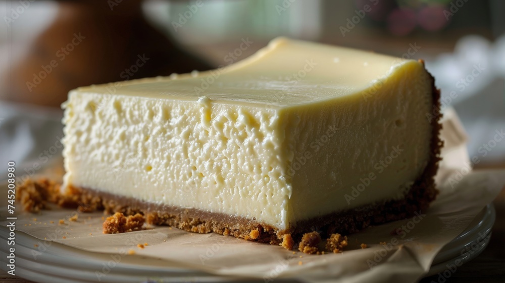 a New York Cheesecake slice, creamy texture with a graham cracker crust, classic dessert and cake presentation