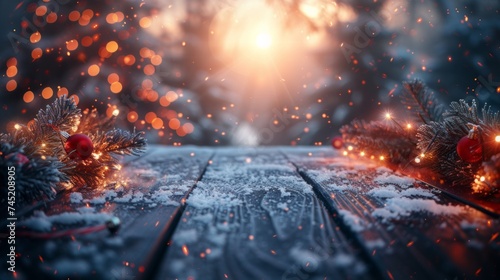 cozy wooden table, warm Christmas decor blur with snow, festive atmosphere, glowing lights, abstract cozy warmth, soft ambient lighting, AI Generative