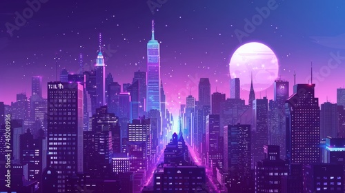 Craft an illustration of a downtown cityscape at twilight, where the sky and urban lights merge into a harmonious purple hue. Employ a comic halftone design for a retro touch, AI Generative