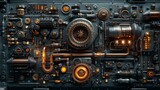 Dark industrial 3D render, intricate pattern of vehicle parts, gears and pipes, mechanical beauty in complexity, symbol of industrial innovation, wide angle, high detail, digital AI Generative