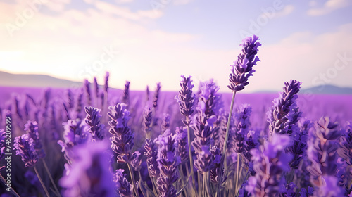 A field of lavender flowers with a blurry sky in the background © Derby