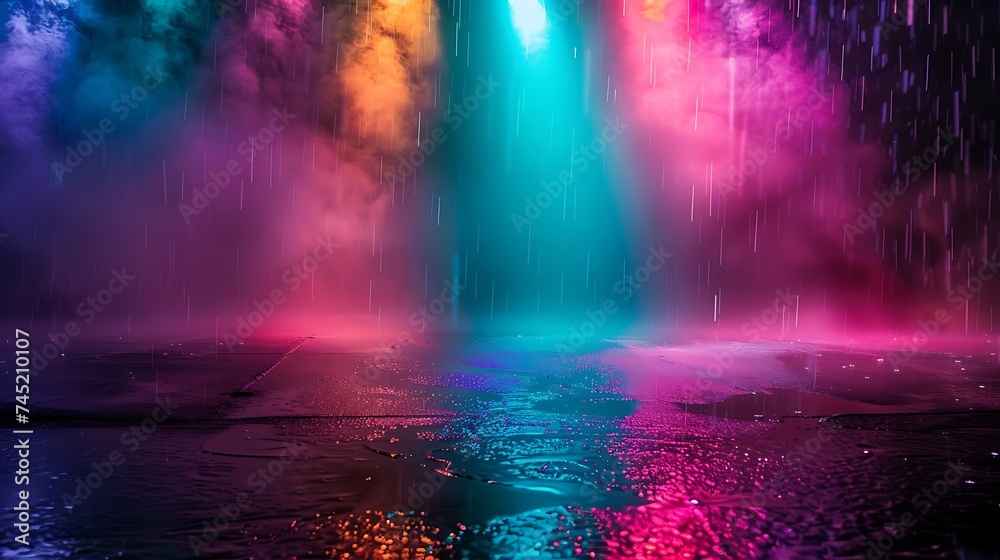 Abstract background. Dark empty stage, multi-colored rays of a neon searchlight, wet asphalt, smoke, night shooting, bokeh color. Generative Ai