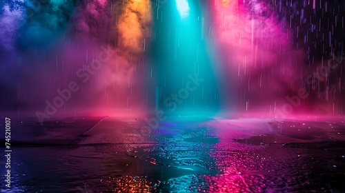 Abstract background. Dark empty stage  multi-colored rays of a neon searchlight  wet asphalt  smoke  night shooting  bokeh color. Generative Ai