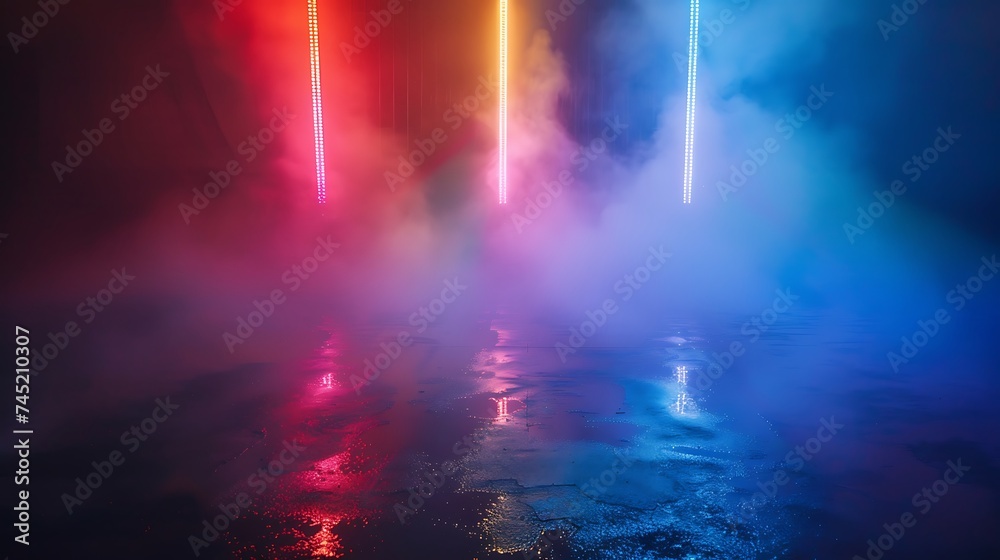 Abstract background. Dark empty stage, multi-colored rays of a neon searchlight, wet asphalt, smoke, night shooting, bokeh color. Generative Ai