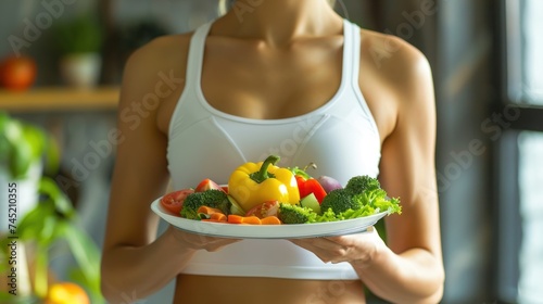 a fitness woman weighing a plate of food. clean background