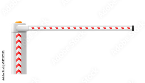 Universal boom barrier. Closed automatic barrier gate for parking of car. Barricade with flashing lamp for security. Border for entrance to park, garage, construction and checkpoint. Realistic Vector.
