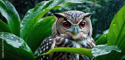 a close up of an owl sitting on a tree branch with a rain droplet on it's face. photo