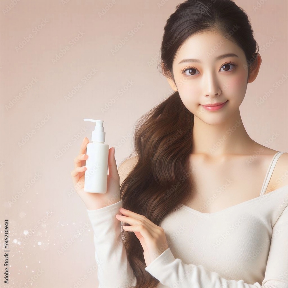 Girls holding cosmetic bottles with their hands Girls holding cosmetic bottles with their hands