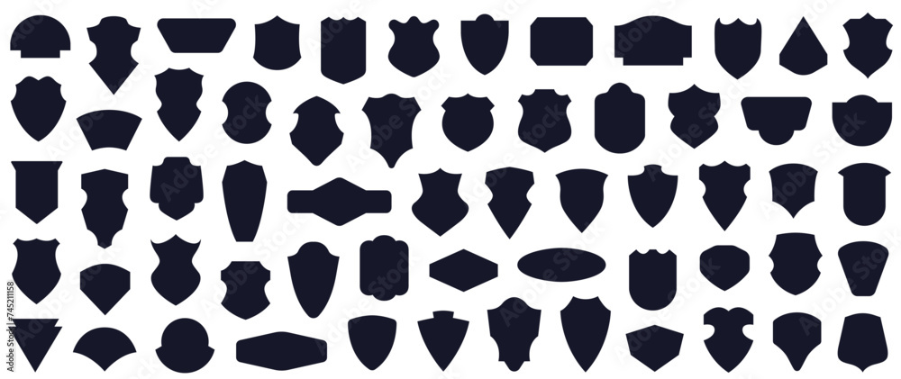Set of badge shapes. Classic heraldic crest shield collection. Vintage label, banner icons. Police shields silhouettes. Black template for patch, insignias, isolated stock illustration