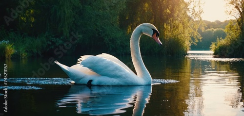 a large white swan floating on top of a lake next to a lush green tree covered forest filled with lots of leaves.