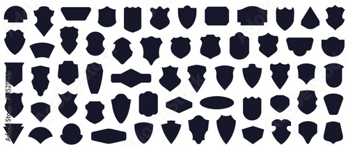 Set of badge shapes. Classic heraldic crest shield collection. Vintage label, banner icons. Police shields silhouettes. Black template for patch, insignias, isolated stock illustration