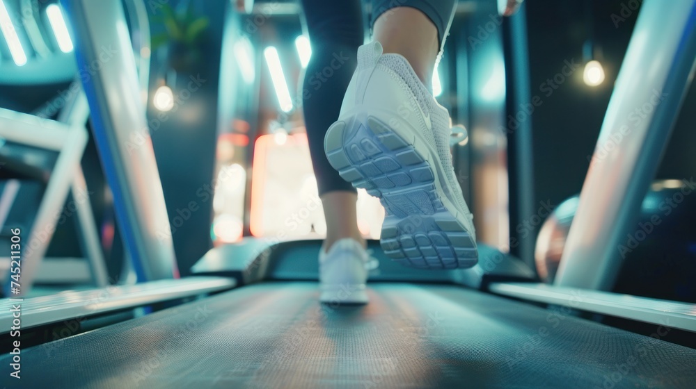 a close up photography on the shoes of a woman running on a treadmill, blurry sport studio environment in the background, a close up photography on the shoes of a woman running on a treadmill, blurry sport studio environment in the background,
