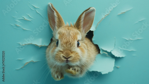Curious Bunny Peering Through Turquoise Wall Hole