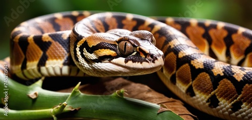 a close up of a snake on a branch with a plant in the foreground and a blurry background. photo