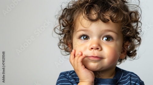 Child in a thinking pose finger on cheek clean background copyspace for curiosity themes