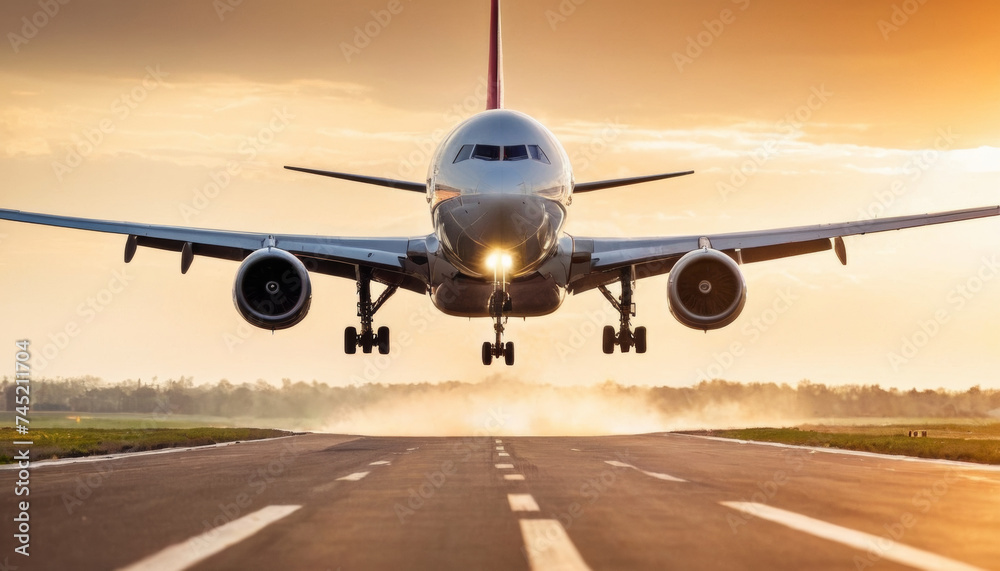 Commercial airplane takes off over the runway Commercial airplane takes off over the runway