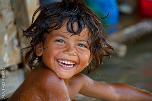Close up joyful kid in mid laughter the carefree spirit of youth glowing radiantly © Sara_P