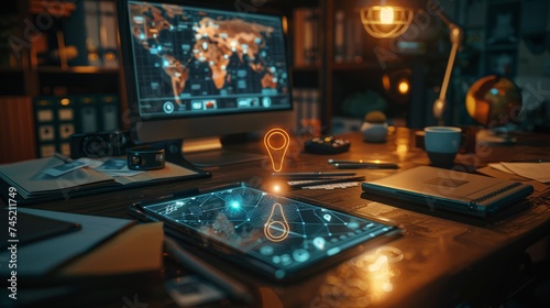 3D Map pins, GPS, navigator pin checking points. A smartphone laying on a work desk with 3D pins inserted on a map displayed on the smartphone screen. 3D World Map icon, technology and application photo